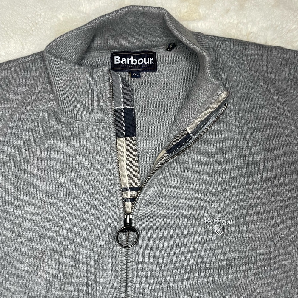 Barbour Gray with Tartan Trim Zip-Up, 2 Pocket Sweater for Men- Large